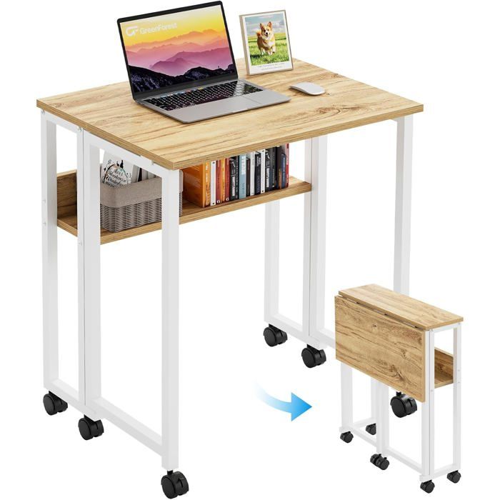 Bureau pliable beige - - 63x50x75 cm - Roulettes verrouillables - Étagère intégrée 1 niveau