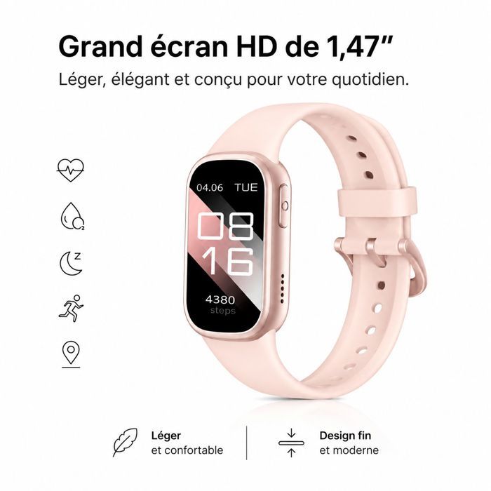 Bracelet connecté – Écran 1.47 Suivi Tension Artérielle SpO2 – Sport Santé Quotidienne – 45x26.5mm Rose