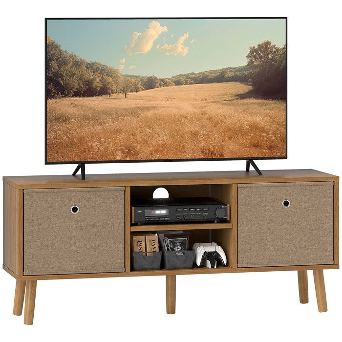 Meuble TV - HOMCOM - style contemporain - 2 tiroirs en tissu - MDF - 110x29x46.5cm - marron clair
