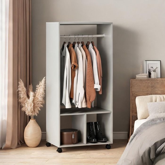 Armoire penderie grise 60x40x128 cm 2 niches étagère 4 roulettes pivotantes - Gris Panneaux de particules classe E1 60 x 40