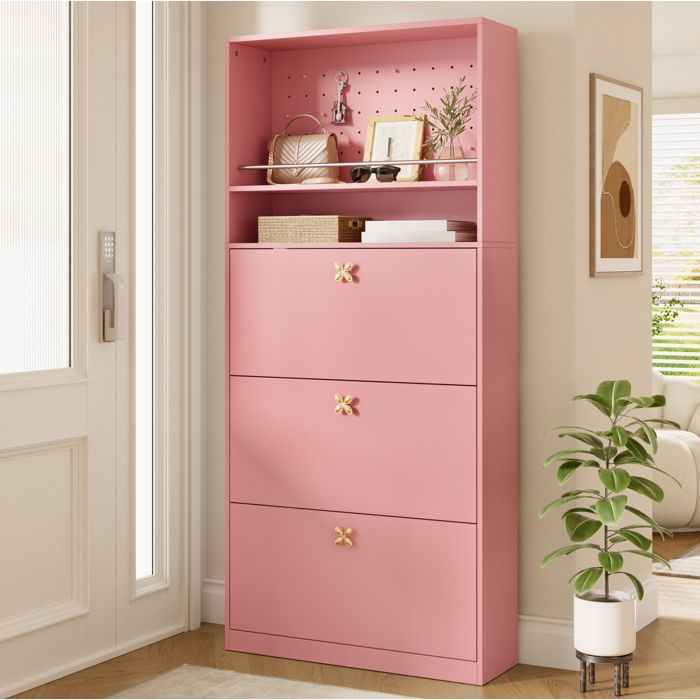 Meuble à chaussures étroit avec 3 abattants et 2 niches ouvertes avec poignées dorées pour entrée rose - UVRION