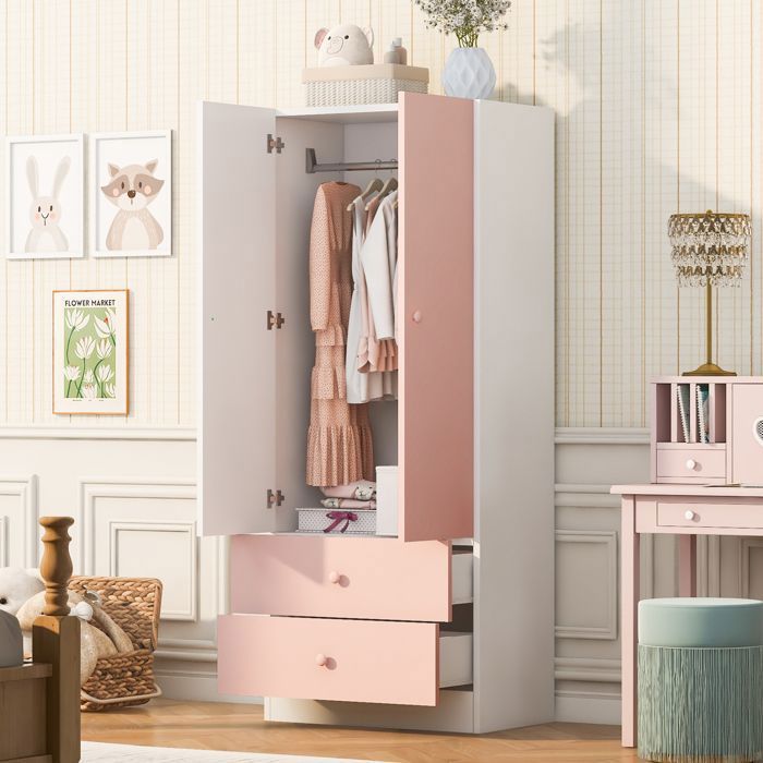 Armoire Penderie avec 2 Portes avec 2 Tiroirs - 70 x 40 x 170 cm - Armoire de Rangement Chambre - Rose et Blanc Armoire Penderie avec 2 Portes avec 2 Tiroirs - 70 x 40 x 170 cm - Armoire de Rangement Chambre - Rose et Blanc