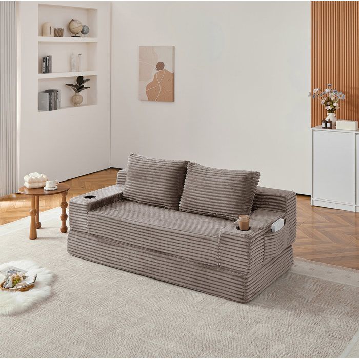 Canapé-lit convertible 2 places 2-en-1 en velours côtelé marron couchage 180 x 170 cm