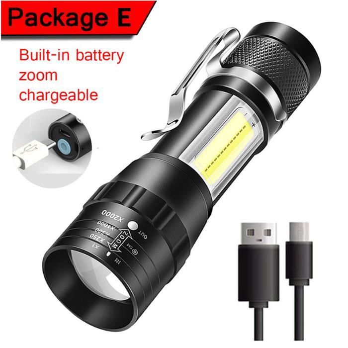 Lampe Torche LED Skywolfeye 2000LM T6 Zoom USB, 3 Modes, Noir, Avec Batterie 18650