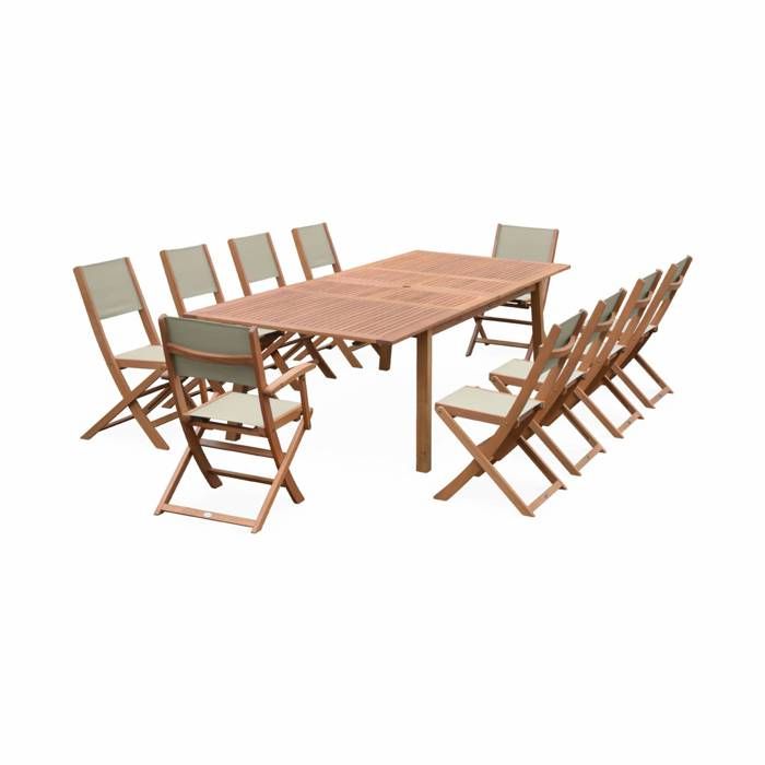 Salon de jardin en bois Eucalyptus extensible - Almeria - Table 200/250/300cm avec 2 rallonges, 2 fauteuils et 8 chaises, Taupe