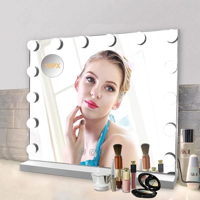 Miroir Cosmétique Blanc AKOFIC Hollywood Miroir de Maquillage avec Lumière L50*H40 cm Grand Miroir Vanité de Table Contrôle Tactile avec 14 Ampoules LED Réglable Replaceable et 3 Modes de Lumière