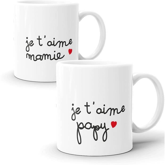 Tazze Divertenti Luigi Collection 'Mamie Papy Je T'aime' - Set Da 2 Tazze In Ceramica 325 Ml Per Nonni, Regalo Originale Per Compleanno O Natale