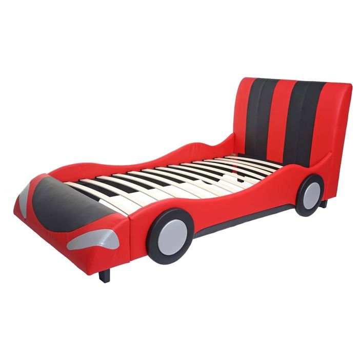Lit pour enfant voiture sommier a lattes synthetique bois 190x100cm noir rouge 04_0003618