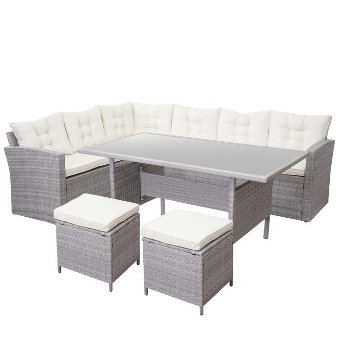 Ensemble complet de salon de jardin terrasse balcon veranda en polyrotin gris clair coussin creme avec tabouret x2 04_0004194 Ensemble complet de salon de jardin terrasse balcon veranda en polyrotin gris clair coussin creme avec tabouret x2 04_0004194