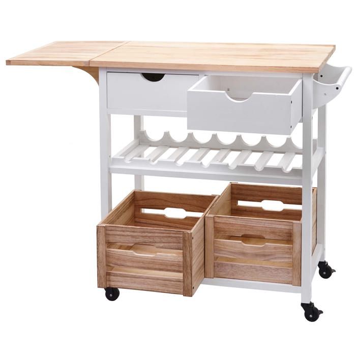 Chariot de service a roulettes cuisine bar porte bouteilles avec tiroirs et caisses rangement bois de pin 89x119x41cm blanc nature