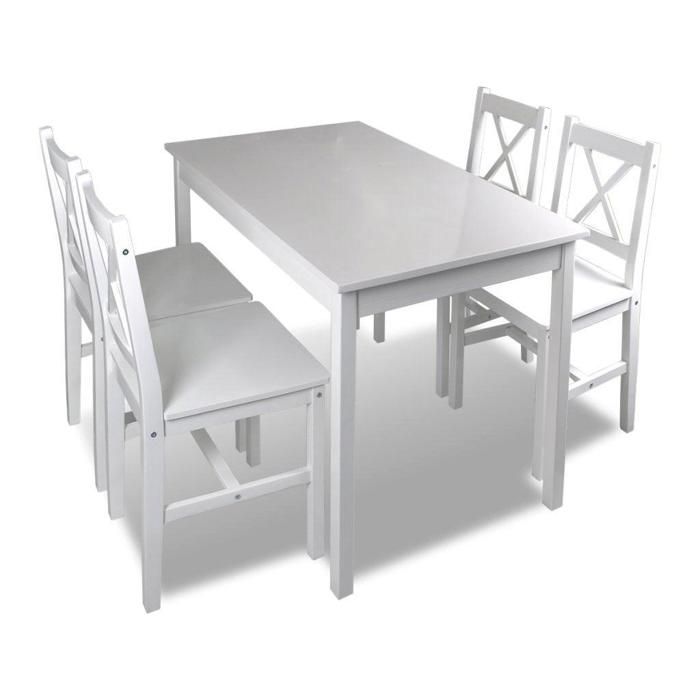 Ensemble table salle à manger 108 cm salon en bois de pin avec 4 chaises blanc 0902031