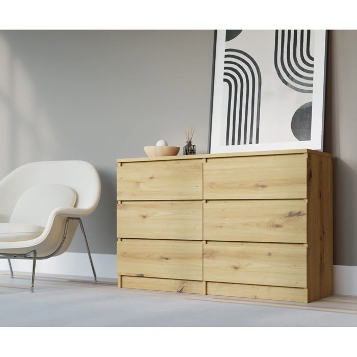 Commode DEMI 120 cm avec six tiroirs de style scandinave Couleur : chêne artisan Dimensions : L : 120 cm x P : 39 cm x H : 78 cm