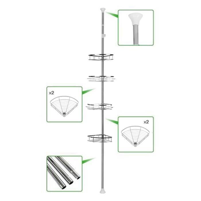 YIS 110-280 cm Étagère de douche Télescopique 4 Tablettes Étagère d’angle en Acier inox avec 2 Porte-serviette - Argenté