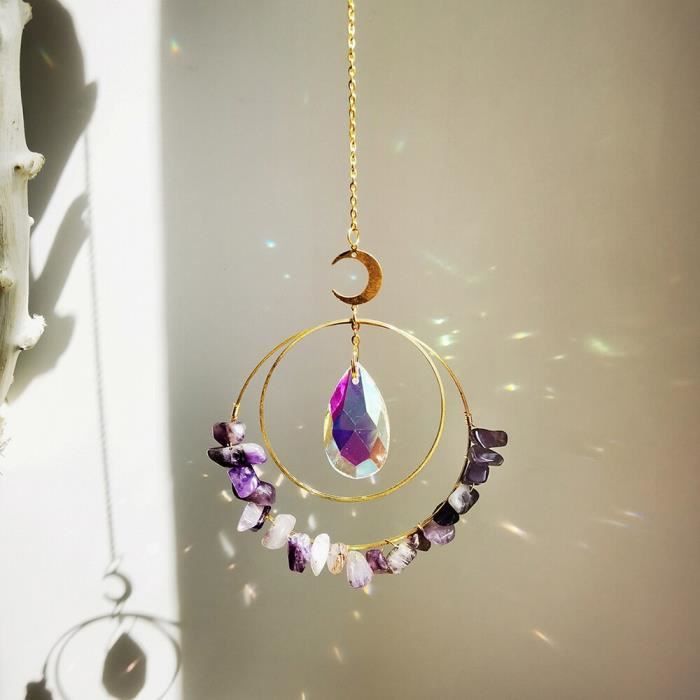 Attrape Soleil 7 Chakra En Pierre Naturelle Et Cristal - Longueur 32 Cm - Décoration Fenêtre, Arc-en-Ciel
