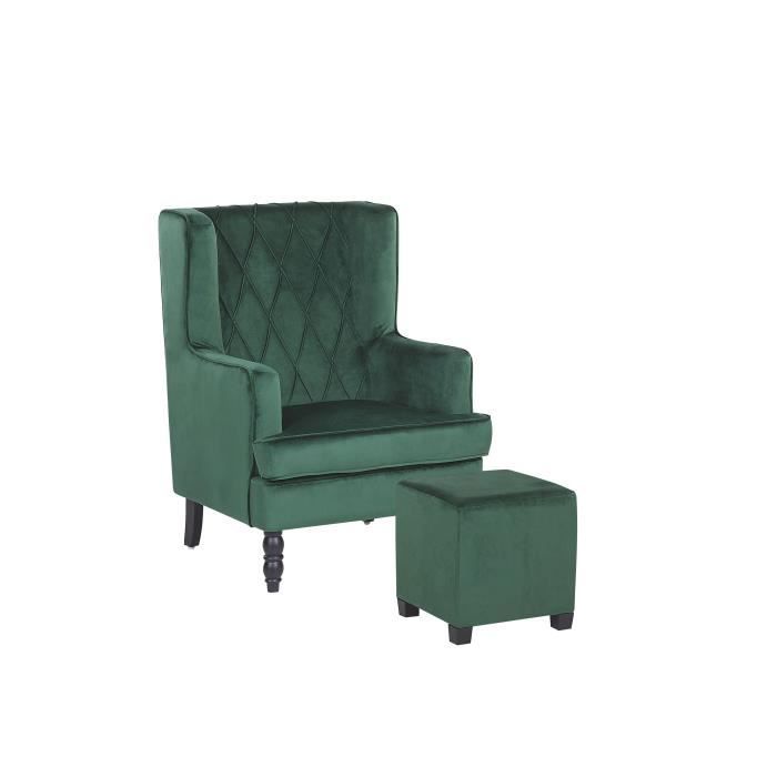 fauteuil bergère en velours vert avec repose-pieds assorti - beliani - sandset - classique - intemporel - salon