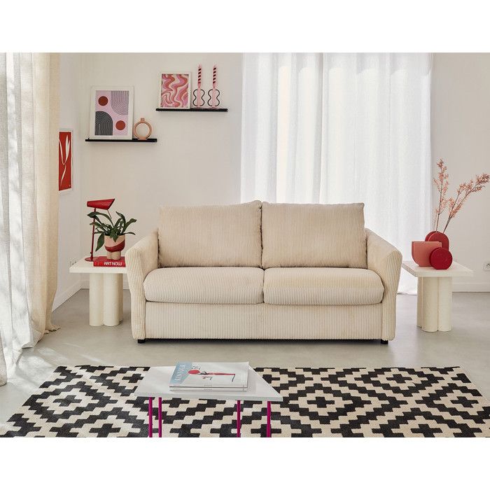 Maho - canapé lit 2 places convertible express couchage quotidien 140 cm matelas 11 cm en velours côtelé - Beige Maho - canapé lit 2 places convertible express couchage quotidien 140 cm matelas 11 cm en velours côtelé - Beige