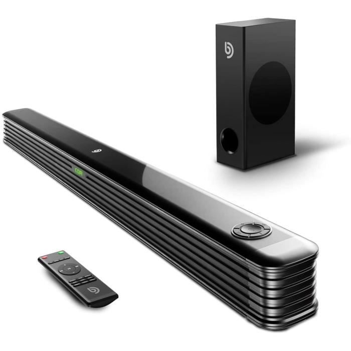 Barre de Son TV 130 DB Soundbar à Basses Profondes pour Home Cinéma Barre de Son 150W avec Caisson de Basses USB RCA Compatible avec Bluetooth 5.0 AUX Barre de Son 2.1 Entrée Optique