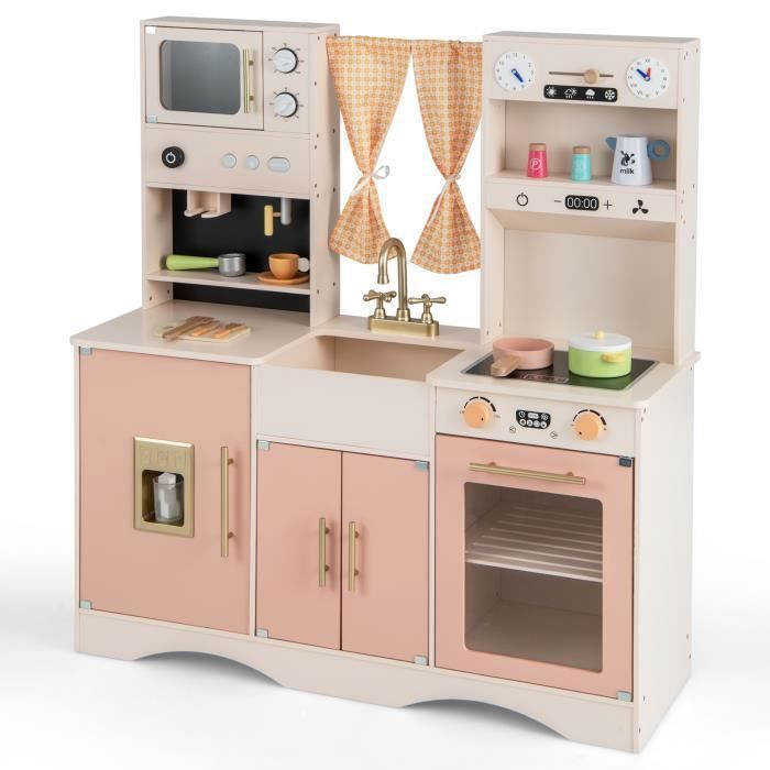 Cuisine Enfant 3 Ans+ COSTWAY - 16 Accessoires avec Horloges CafetièreTableau MétéoMachine à Glaçons ... Rose