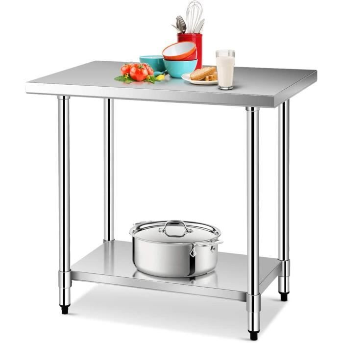 giantex table de cuisine en acier inoxydable à 2 niveaux,table de travail réglable en hauteur,92 x 61 x 90 cm
