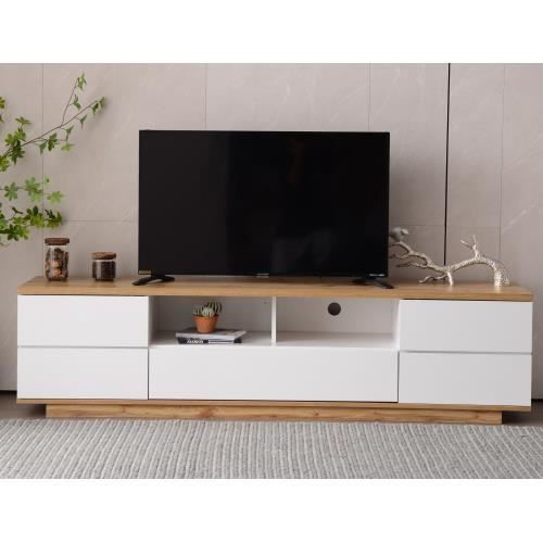 Meuble TV en Bois 180 cm - 4 Portes avec Étagères et Placards de Rangement - Support Télévision - Blanc et chêne-Style Moderne