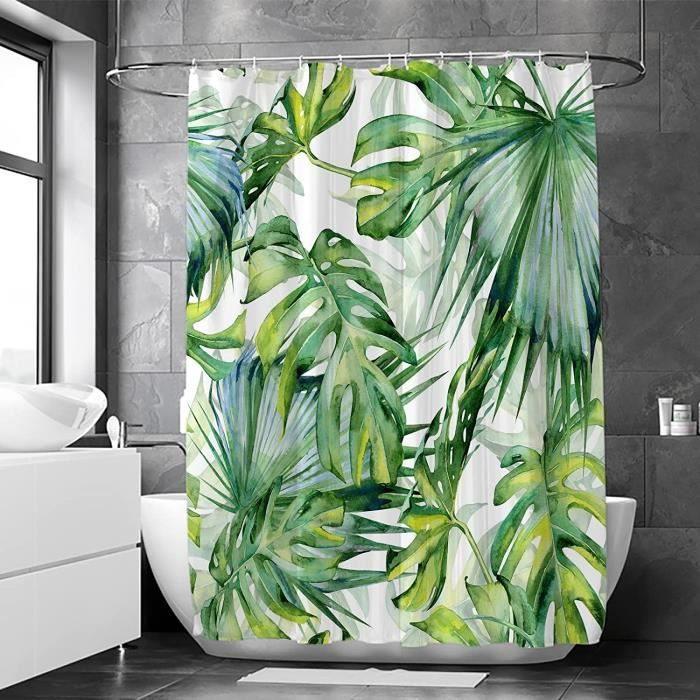 Rideau De Douche Feagar 180x200 Cm - Motif Feuilles Vertes Et Jaunes, Polyester Imperméable Anti-moisissure, 12 Anneaux