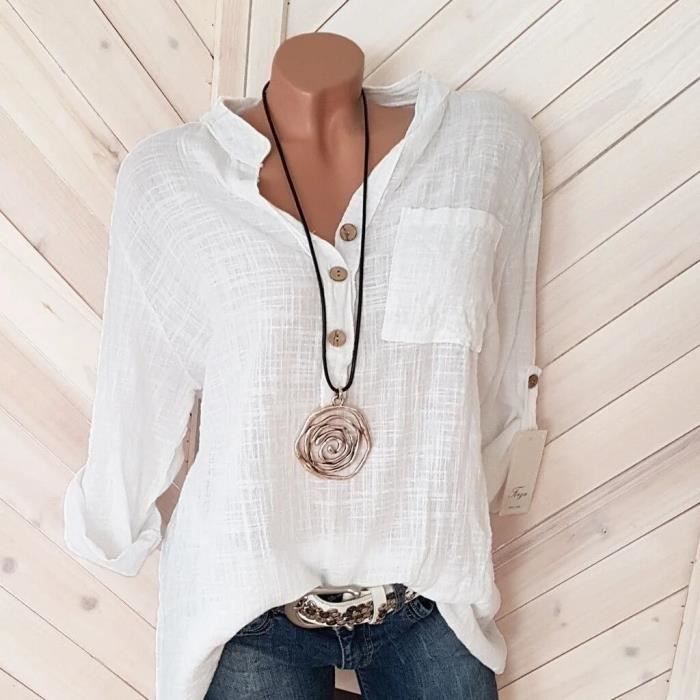 Chemisier Femme Blanc En Coton - Manches Longues, Col Boutonné, Style Business Années 70/80