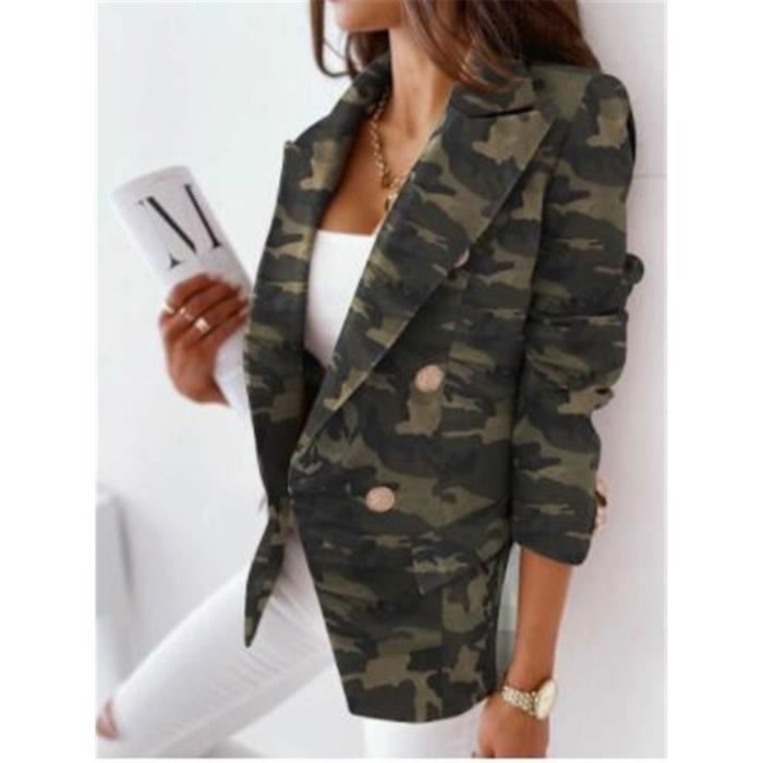 Manteau Blazer imprime Chic pour femme veste formelle manches longues boutonne vetements d exterieur Camouflage Blanc Cdiscount Pret a Porter