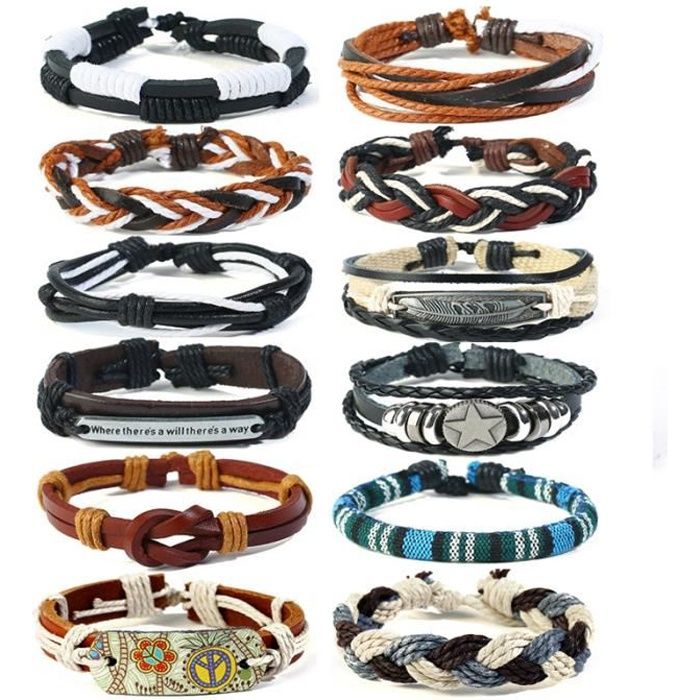 Ensemble de 12 bracelets tressés en cuir PU pour homme - RMEGA