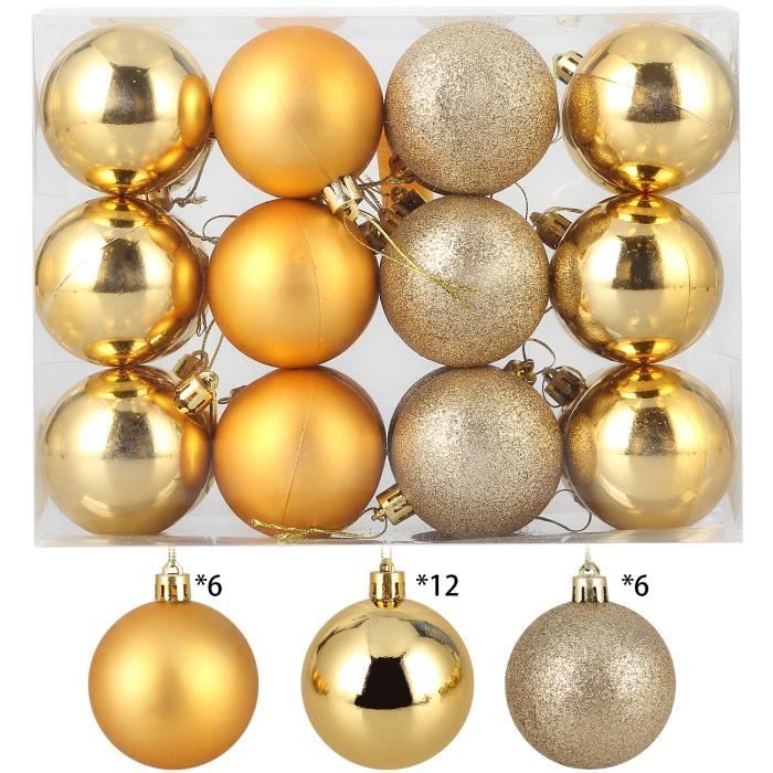 24 Boules De Noël Cuivre Doré 6 Cm – 8 Designs Vintage – En Plastique Résistant – Avec Cordons Et étui