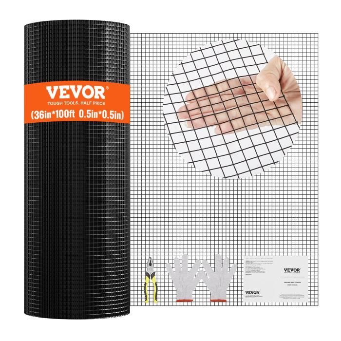 Rouleau de grillage galvanisé - VEVOR - SS19121236100 - 910×30480 mm - Maillage 12 7×12 7 mm (cal.19) - Galvanisé + vinyle noir
