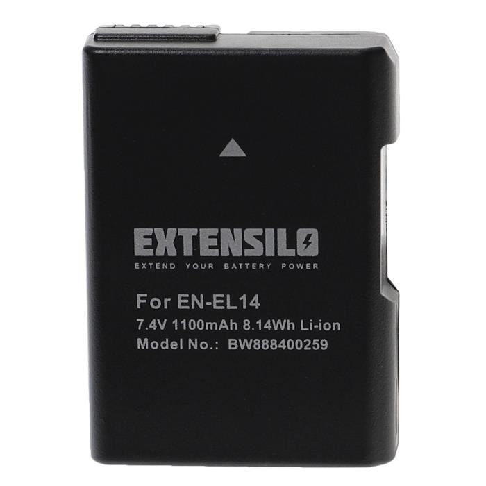 EXTENSILO Batterie compatible avec Nikon DSLR D5100, D5200, D5300 appareil photo, reflex numérique (1100mAh, 7,4V, Li-ion) avec puce
