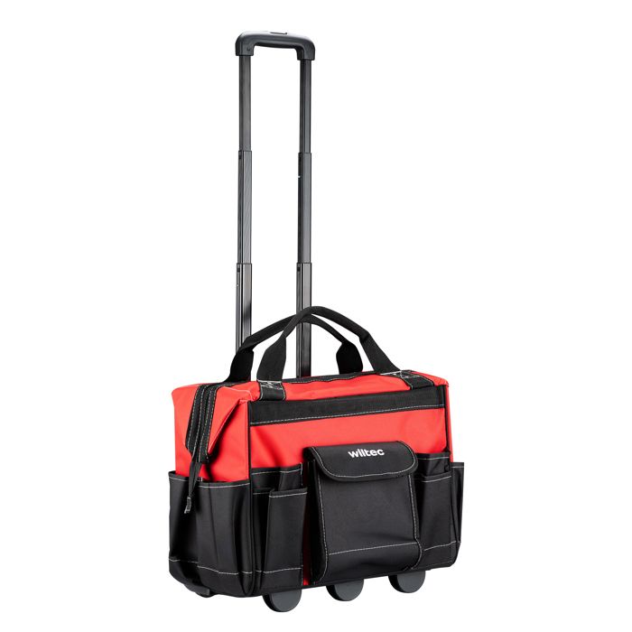 Valise à outils - WILTEC - Sac à roulettes 46×25×37 cm - Capacité 40 kg - 19 poches - Polyester 600D Rouge/Noir Valise à outils - WILTEC - Sac à roulettes 46×25×37 cm - Capacité 40 kg - 19 poches - Polyester 600D Rouge/Noir