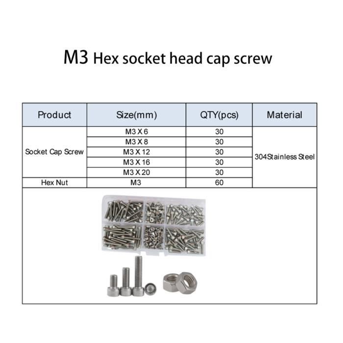 Vis,M3--Kit'assortiment de vis à tête hexagonale en acier inoxydable 304,  M2 M2.5 M3 M4 M5 M6 M8 - Cdiscount Bricolage
