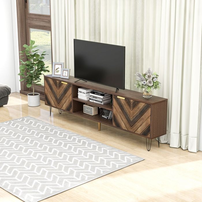 Meuble tv 180 cm en bois - meuble de salle à manger moderne, 4 portes, poignées semi-circulaires