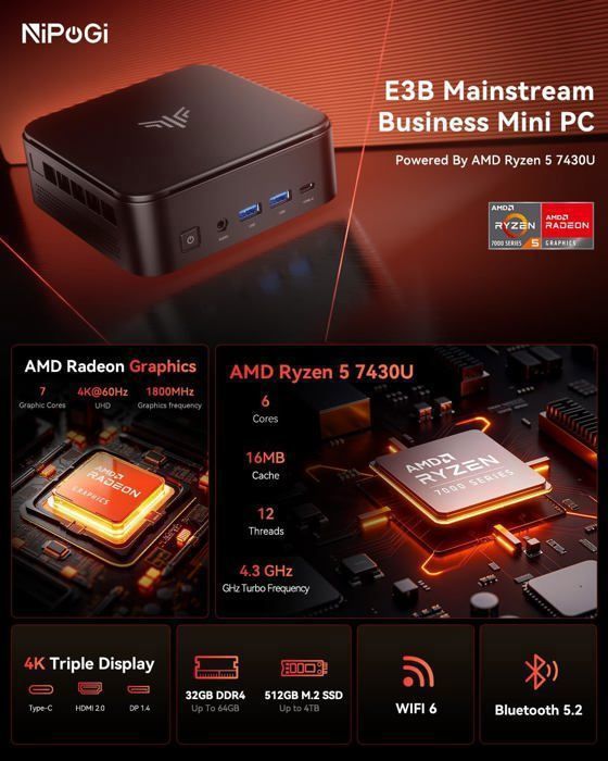 Mini PC NiPoGi 32Go RAM 512 Go SSD, AMD Ryzen 5 7430U, Windows 11