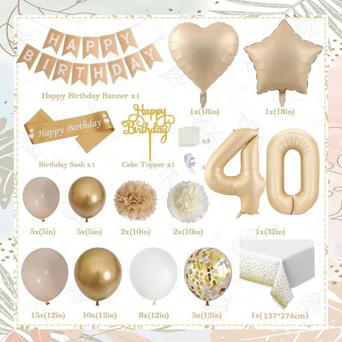Arche Ballon Décoration Anniversaire 40 Ans Femme - Ballons Beige/or, Bannière, Nappe - Style Boho Décoration Anniversaire 40 Ans Chic