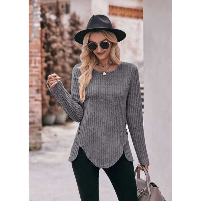 Femme Pull Col Rond decontractes Manches Longues Sweat Lache Leger Unie Tops Gris Gris Cdiscount Pret a Porter