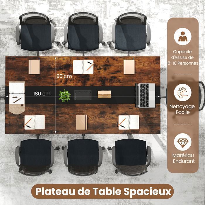 Table De Conférence Rectangulaire 240x120 Cm - Pour 10 Personnes, 2 Passe-câbles, Structure Métal, Finition Bois Rustique