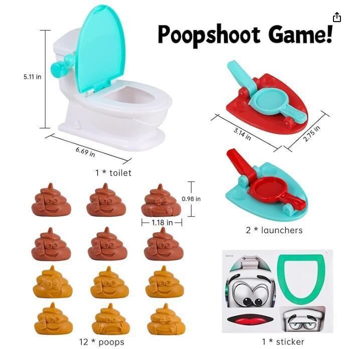 deAO Poop Catapulte, Shoot The Poop Family Jouet Créatif de Toilette | Jeu de Caca Comprend 1 Cuvette de Toilette, 2 Lanceurs de Dextérité, 12 Cacas en Plastique Souple, Cadeau Enfant Adulte