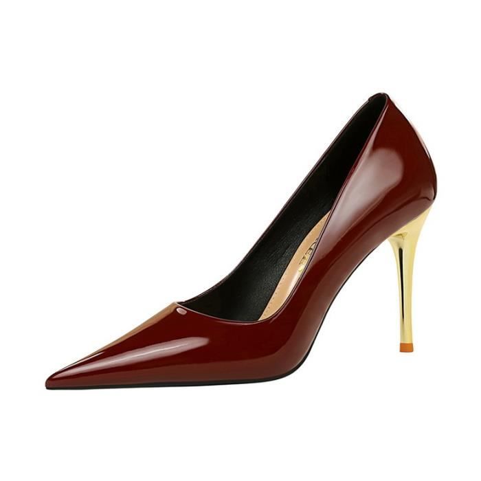 Escarpin Femme Rouge Talon Aiguille 10cm Bout Pointu en Cuir