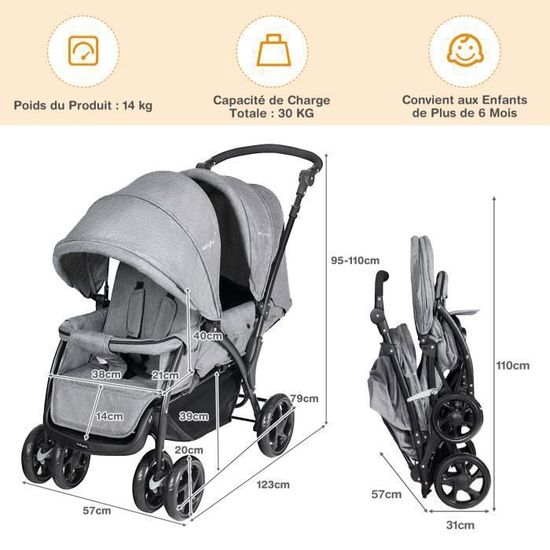 COSTWAY Poussette Double Pliable pour Jumeaux Auvent Capote Reglable Canne Landau 4 Roues Anti chocs Harnais a 5 Points Charge 30kg Cdiscount Puericulture Eveil bebe