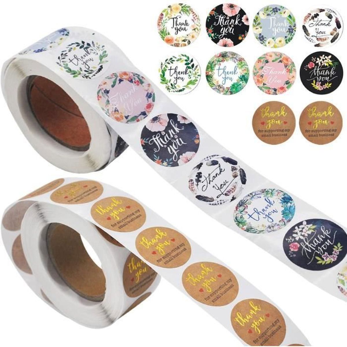 2 Rouleaux 1000 Pièces Autocollants d/'Étiquette de Remerciement 1 Pouce Rond Stickers Thank You Business Autocollants Thank You For Your Purchase Handmade With Love Autocollants pour Carte
