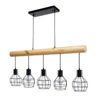 Lampe à suspension lustre design industriel vintage en bois massif metal noir 5 abat-jour en treillis