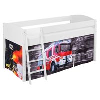 Lit surélevé ludique IDA 4106 90x200 cm Pompiers - LILOKIDS - Bois massif - Blanc laqué - Avec rideaux