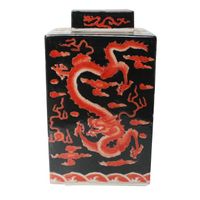 Fine Asianliving Pot à Gingembre Chinois Dragon Rouge et Noir Peint à la Main L 18 x P 18 x H 34 cm