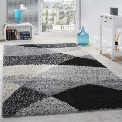Tapis Shaggy Longues Mèches Hautes Motifs Gris Noir Blanc