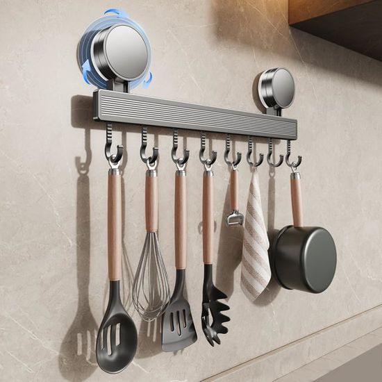 Support Ustensiles Cuisine Sans Perçage à Ventouses - 31 Cm, 10 Crochets Mobiles, Gris - Pour Carrelage, Verre, Métal - 7