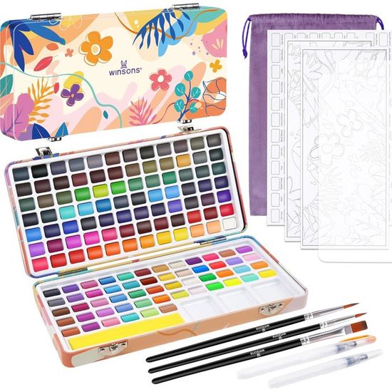 Shuttle Art Peinture Métallisée, 24 Couleurs Palette Aquarelle Pailletée en Démi-pots, Avec Pinceau et Bloc, Kit Pour Calligraphie
