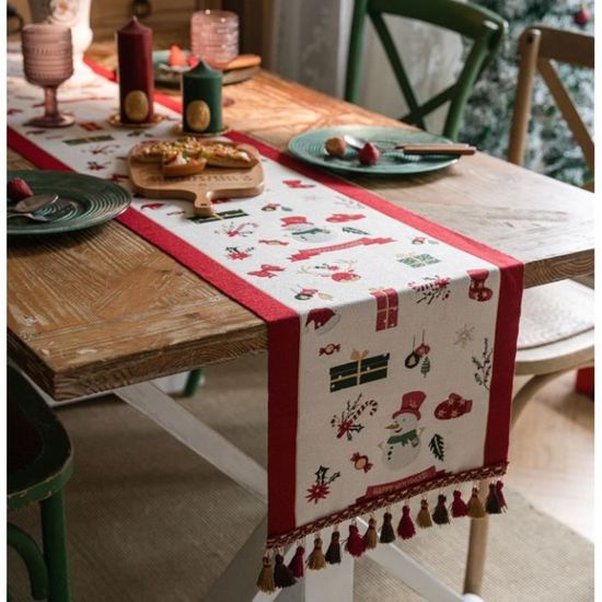 Chemin De Table Noël Rouge En Lin - Motif Flocons De Neige 180x34 Cm, Décoration Festive