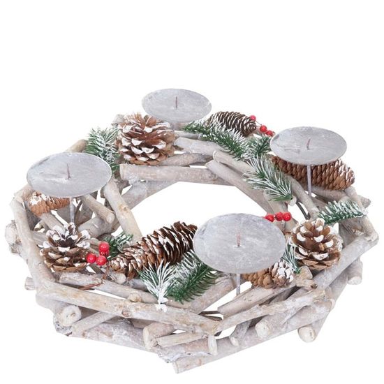 Couronne De L'Avent En Bois Blanc-Gris - Décoration De Table De Noël 35 Cm